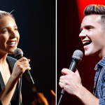 **

A split-screen image. On one side, a confident singer on a brightly lit stage, microphone in hand, performing to a large crowd.  On the other side, a vocal coach with a friendly, encouraging expression, giving feedback to a student in a studio setting.  The overall feel should be empowering and focused on personal growth.

**