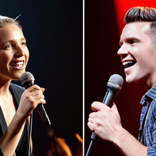 Home 19 **
A split-screen image. On one side, a confident singer on a brightly lit stage, microphone in hand, performing to a large crowd. On the other side, a vocal coach with a friendly, encouraging expression, giving feedback to a student in a studio setting. The overall feel should be empowering and focused on personal growth.
**