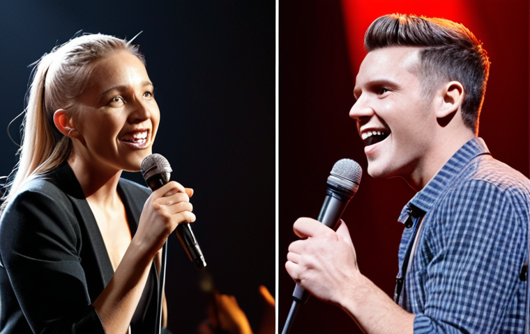 **

A split-screen image. On one side, a confident singer on a brightly lit stage, microphone in hand, performing to a large crowd.  On the other side, a vocal coach with a friendly, encouraging expression, giving feedback to a student in a studio setting.  The overall feel should be empowering and focused on personal growth.

**