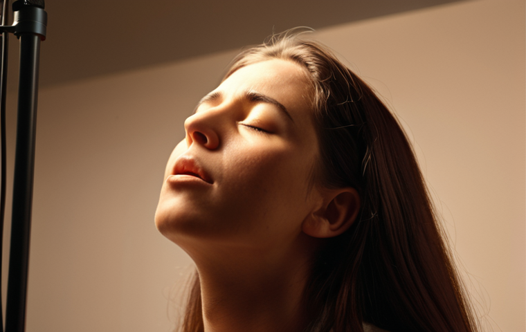 A focused individual, gender-neutral, engaged in a deep vocal exercise. Their eyes are closed, and a subtle internal glow radiates from their chest and head, symbolizing vocal resonance and controlled diaphragm breathing. The atmosphere is serene and contemplative, suggesting self-discovery and the scientific understanding of the voice. Soft, warm lighting in a quiet studio setting.
