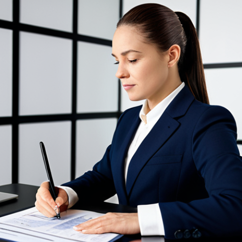 Home 17 A professional female vocal trainer, fully clothed in a modest business suit, sits confidently at a modern, uncluttered desk in a well-lit music studio. She is reviewing a detailed professional contract document on a tablet, with a laptop displaying a digital calendar in the background. The scene emphasizes the clarity and importance of legal agreements in artistic professions. Perfect anatomy, correct proportions, natural pose, well-formed hands, proper finger count, natural body proportions, safe for work, appropriate content, professional attire, high quality, studio lighting, professional photography, family-friendly.