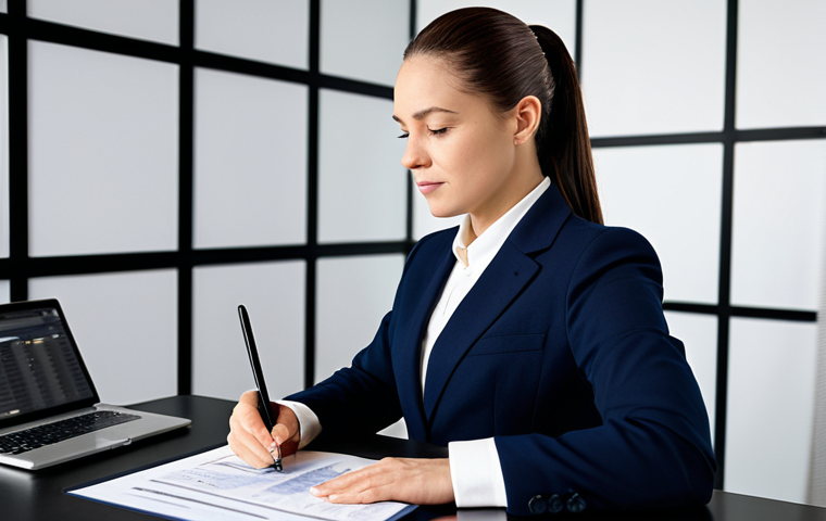 A professional female vocal trainer, fully clothed in a modest business suit, sits confidently at a modern, uncluttered desk in a well-lit music studio. She is reviewing a detailed professional contract document on a tablet, with a laptop displaying a digital calendar in the background. The scene emphasizes the clarity and importance of legal agreements in artistic professions. Perfect anatomy, correct proportions, natural pose, well-formed hands, proper finger count, natural body proportions, safe for work, appropriate content, professional attire, high quality, studio lighting, professional photography, family-friendly.