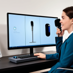 A professional female vocal coach, fully clothed in a modest business casual outfit, is actively conducting an online vocal lesson from her modern, well-organized home studio. She is seated at a sleek desk with a high-definition monitor displaying a male student, also fully clothed in appropriate attire, on a video call. The background features subtle acoustic panels and a professional microphone setup. The scene emphasizes clear communication and focused learning in a digital environment. Perfect anatomy, correct proportions, natural pose, well-formed hands, proper finger count, natural body proportions, high quality photography, safe for work, appropriate content, fully clothed, professional.