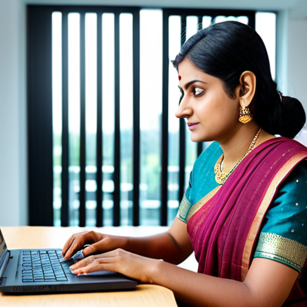 **

"A professional Indian woman in a beautiful, fully clothed sari, working on a laptop in a modern office. Natural lighting, safe for work, appropriate content, perfect anatomy, high resolution, professional."

**