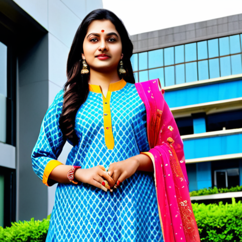 보컬트레이너 자격 취득 과정 - "A confident Indian woman in a vibrant, fully clothed salwar kameez, standing in front of a modern o...