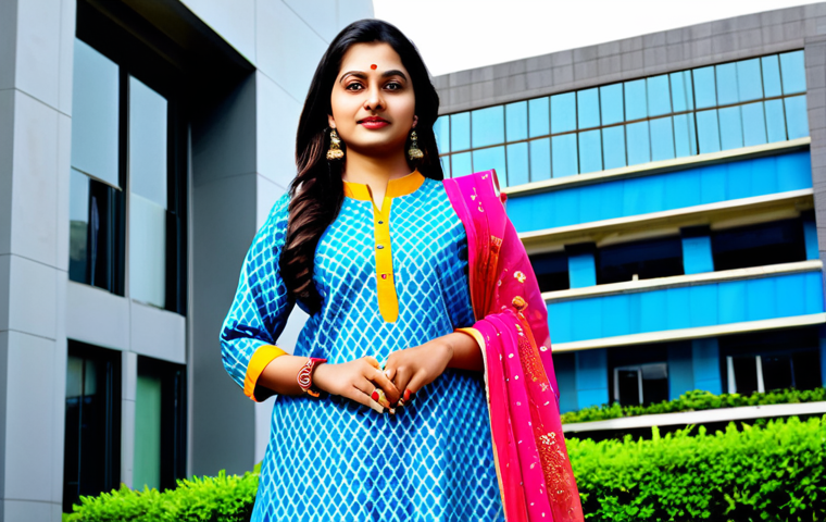 보컬트레이너 자격 취득 과정 - "A confident Indian woman in a vibrant, fully clothed salwar kameez, standing in front of a modern o...