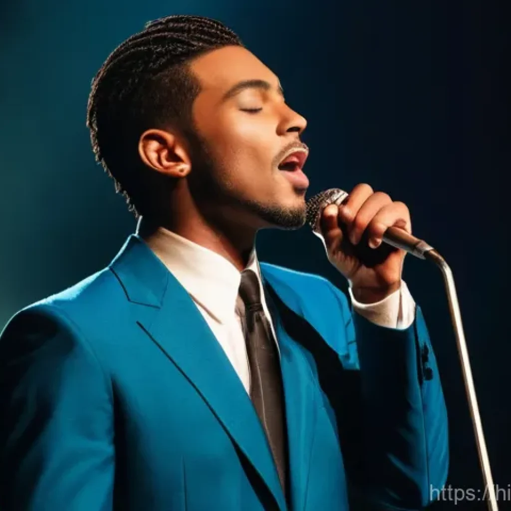 보컬트레이너 음악적 창의성 훈련 - **Emotional Depth in Singing:** A male singer stands on a subtly lit stage, his eyes closed in profo...