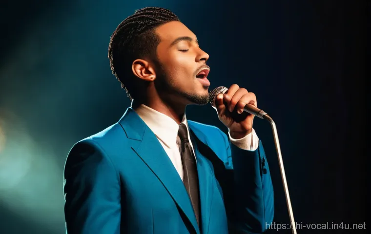 보컬트레이너 음악적 창의성 훈련 - **Emotional Depth in Singing:** A male singer stands on a subtly lit stage, his eyes closed in profo...