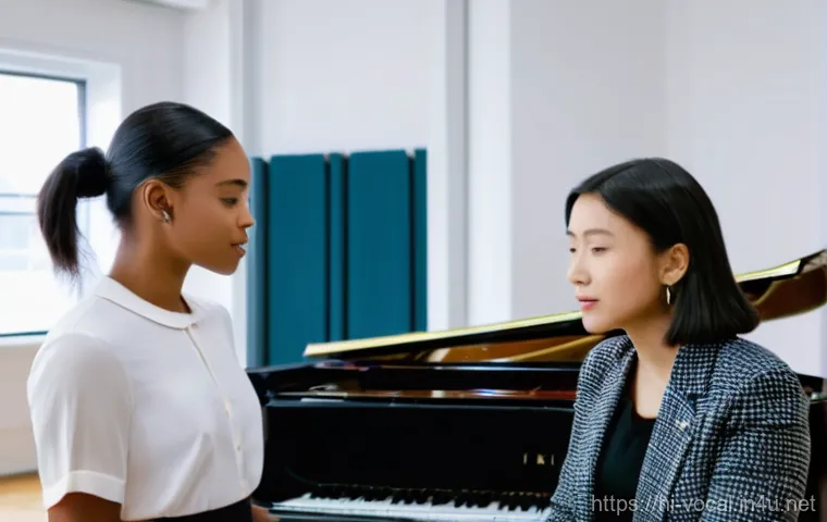 보컬트레이너 음악적 창의성 훈련 - **Emotional Depth in Singing:** A male singer stands on a subtly lit stage, his eyes closed in profo...