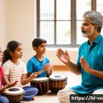 보컬트레이너 이론과 실기 통합 - A serene and focused Indian vocal coach teaching breath control techniques to a diverse group of stu...