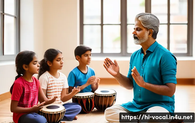 보컬트레이너 이론과 실기 통합 - A serene and focused Indian vocal coach teaching breath control techniques to a diverse group of stu...
