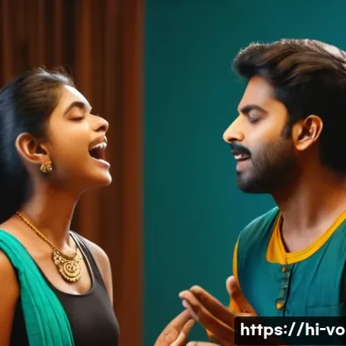 보컬트레이너 업무 사례 - A detailed scene of a Hindi vocal trainer teaching a young adult singer proper diaphragmatic breathi...