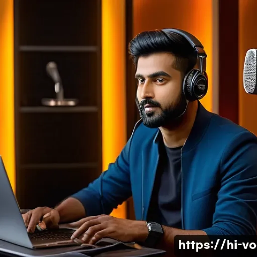 보컬트레이너 마케팅 전략 - A professional Hindi vocal trainer in a modern music studio, demonstrating vocal techniques on a sle...