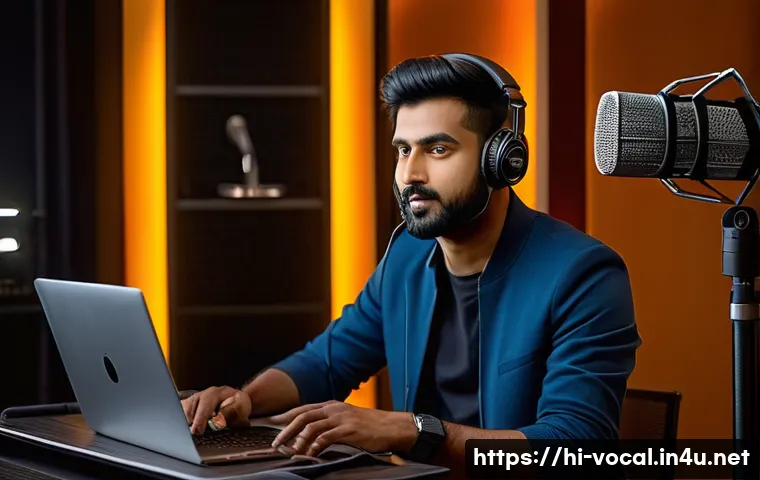 보컬트레이너 마케팅 전략 - A professional Hindi vocal trainer in a modern music studio, demonstrating vocal techniques on a sle...