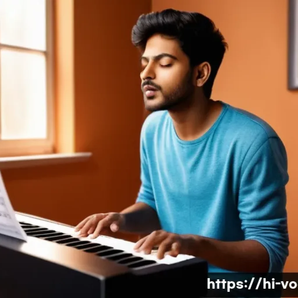 보컬트레이너 레슨 팁 - A young Indian male vocalist in a cozy, sunlit studio setting, attentively practicing vocal warm-up ...