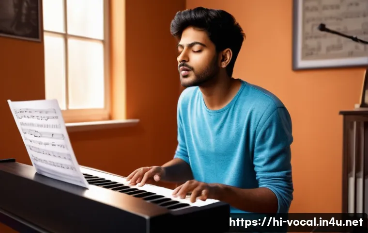 보컬트레이너 레슨 팁 - A young Indian male vocalist in a cozy, sunlit studio setting, attentively practicing vocal warm-up ...