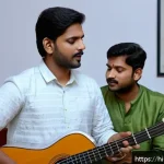 보컬트레이너 사회적 역할 - A serene and focused Indian male vocal trainer guiding a young male singer in a traditional music st...