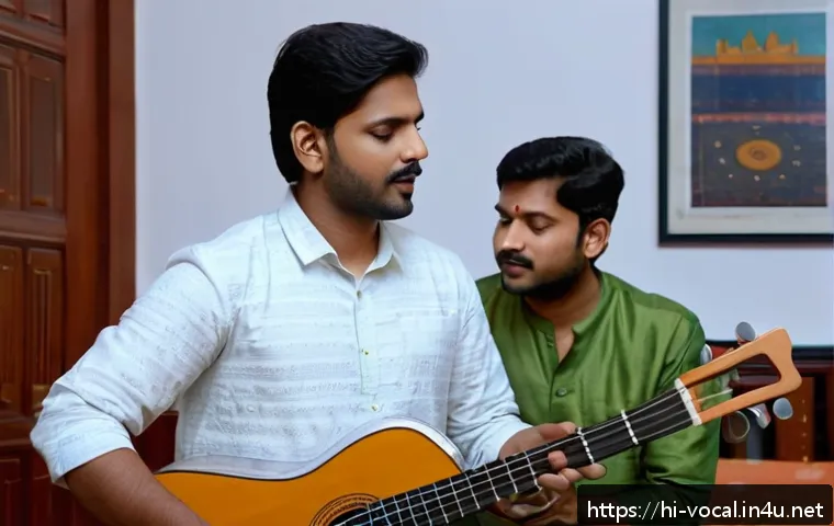 보컬트레이너 사회적 역할 - A serene and focused Indian male vocal trainer guiding a young male singer in a traditional music st...