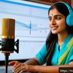 보컬트레이너 창업 아이템 - A modern digital vocal training session scene featuring a young Indian woman wearing smart casual cl...