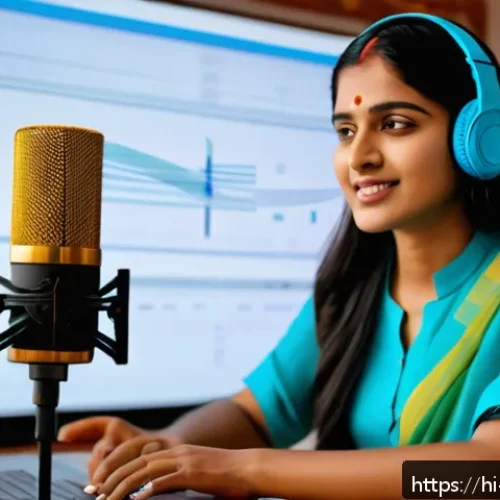 보컬트레이너 창업 아이템 - A modern digital vocal training session scene featuring a young Indian woman wearing smart casual cl...