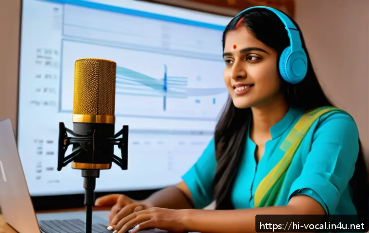 보컬트레이너 창업 아이템 - A modern digital vocal training session scene featuring a young Indian woman wearing smart casual cl...