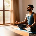보컬트레이너 피드백 기법 - A detailed scene of a young Indian man practicing diaphragmatic breathing exercises in a serene, sun...