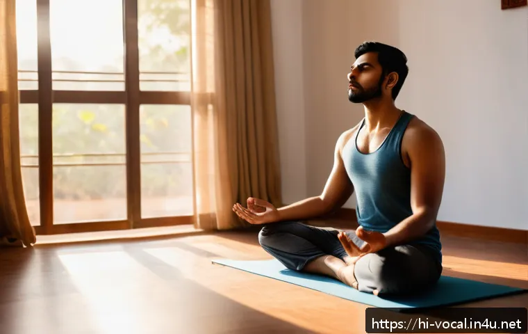 보컬트레이너 피드백 기법 - A detailed scene of a young Indian man practicing diaphragmatic breathing exercises in a serene, sun...
