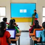 보컬트레이너 학생 관리 - A vibrant classroom scene showing a diverse group of Hindi-speaking students engaged in a hybrid voc...