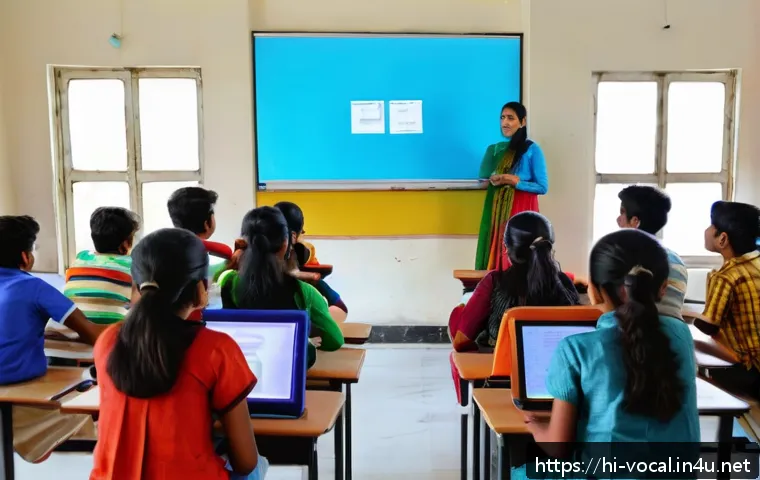 보컬트레이너 학생 관리 - A vibrant classroom scene showing a diverse group of Hindi-speaking students engaged in a hybrid voc...