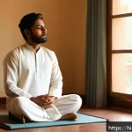 보컬트레이너 레슨 준비 - A serene indoor setting showing a young Indian man practicing deep breathing exercises for voice con...
