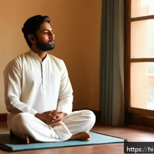 보컬트레이너 레슨 준비 - A serene indoor setting showing a young Indian man practicing deep breathing exercises for voice con...