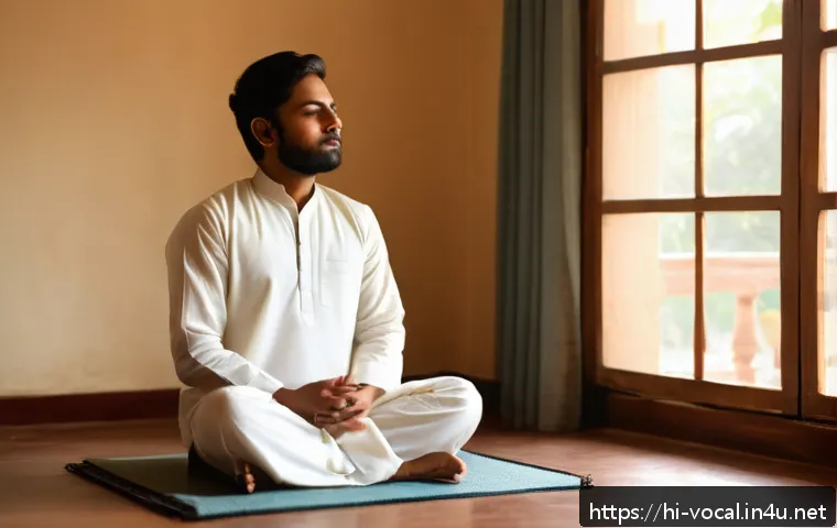 보컬트레이너 레슨 준비 - A serene indoor setting showing a young Indian man practicing deep breathing exercises for voice con...