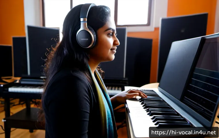 보컬트레이너 경력 발전 - Photorealistic career-growth scene of an Indian vocal coach in a bright professional music studio, c...