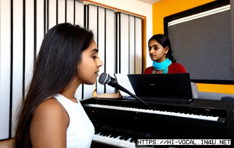 보컬트레이너 업무 일기 - Photorealistic vocal trainer’s daily work scene in a warm modern music studio, Indian female vocal c...