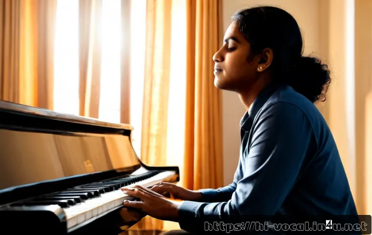 보컬트레이너 멘탈 관리 - Photorealistic Indian vocal coach practicing mindful breathing in a quiet music studio, seated uprig...